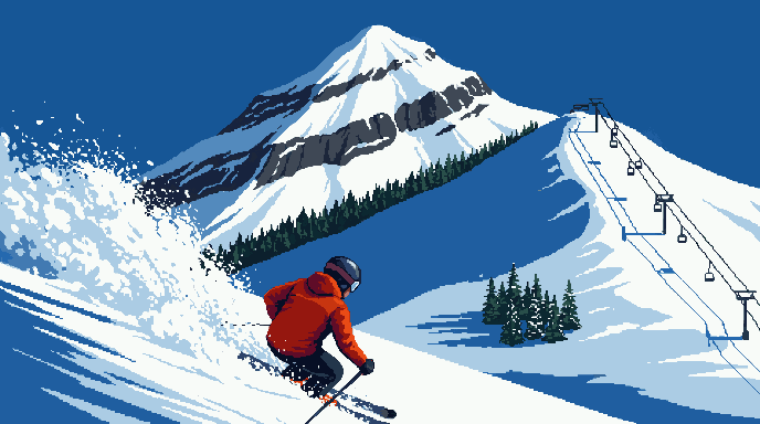 Bit Alpine — a skier carving down Milton Mountain with a chairlift on the ridge