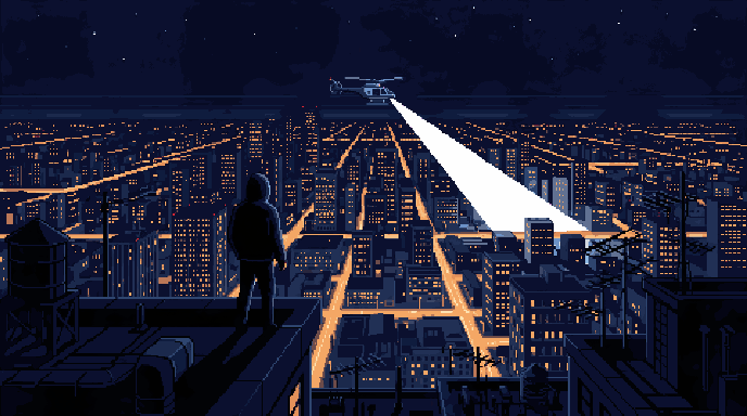 Bit Crime City: a rooftop lookout over a city swept by a police searchlight